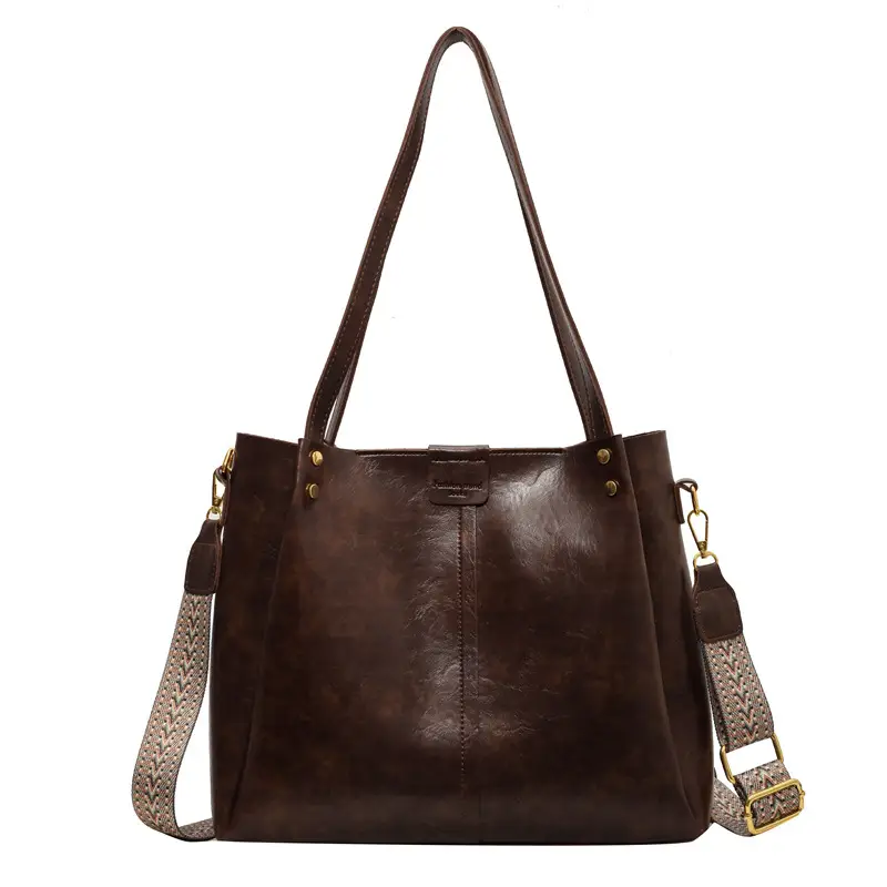 Retro Brown Leather Tote Bag Large Capacity Women - Image 2