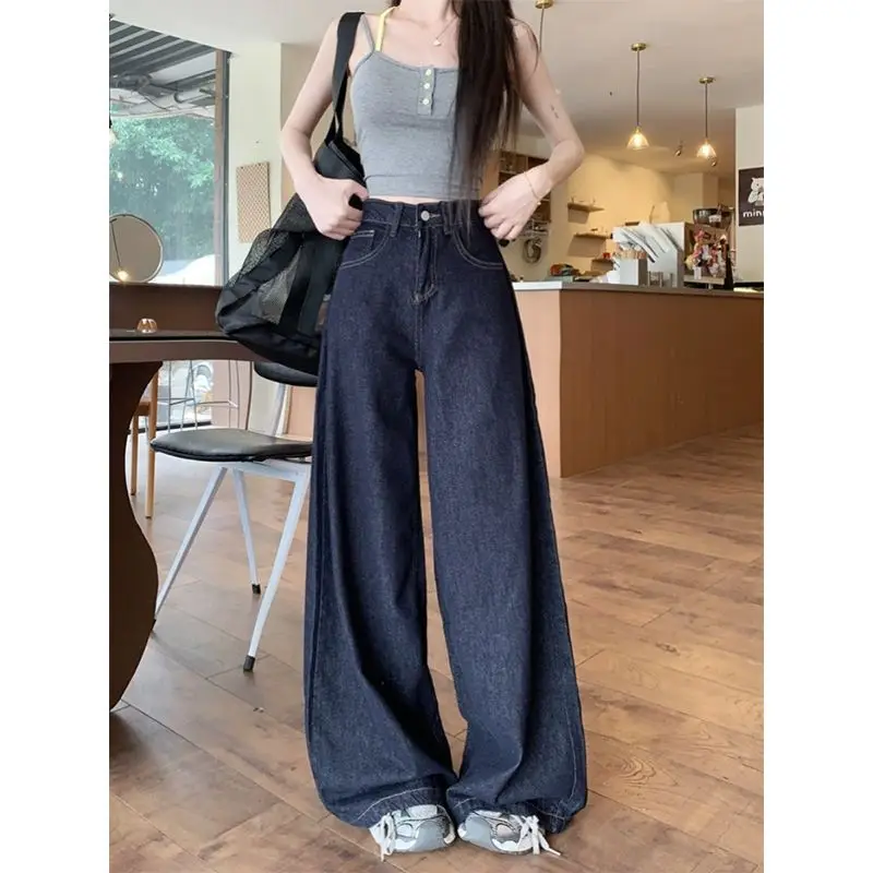 Women Dark Blue Wide Leg High Waist Denim Pants 2025