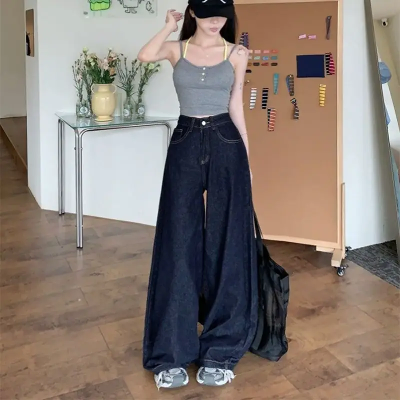 Women Dark Blue Wide Leg High Waist Denim Pants 2025
