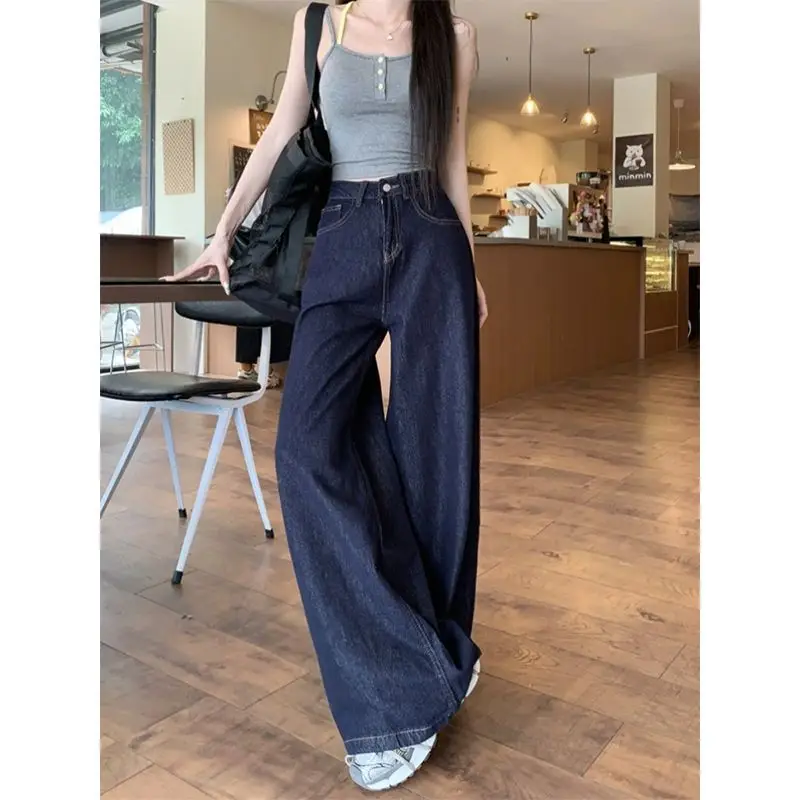 Women Dark Blue Wide Leg High Waist Denim Pants 2025