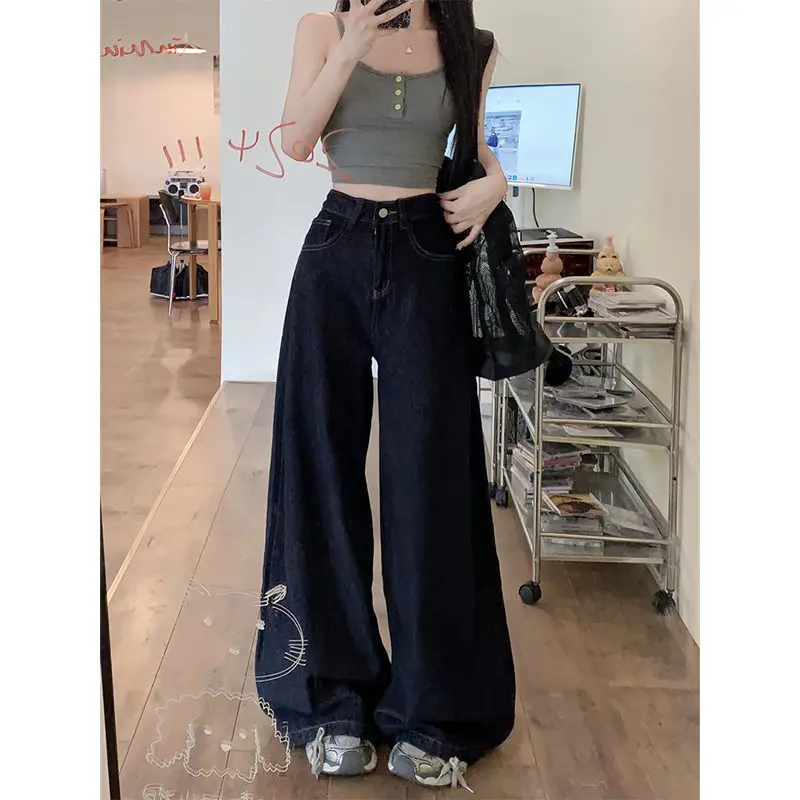 Women Dark Blue Wide Leg High Waist Denim Pants 2025