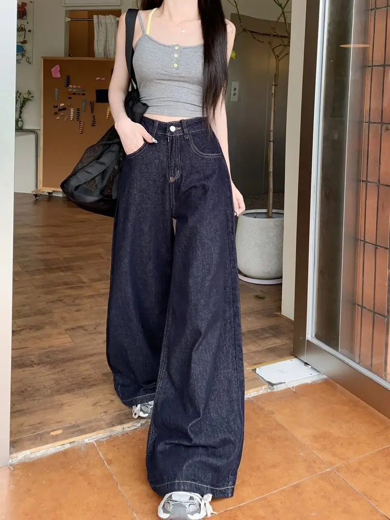Women Dark Blue Wide Leg High Waist Denim Pants 2025 — feature 10