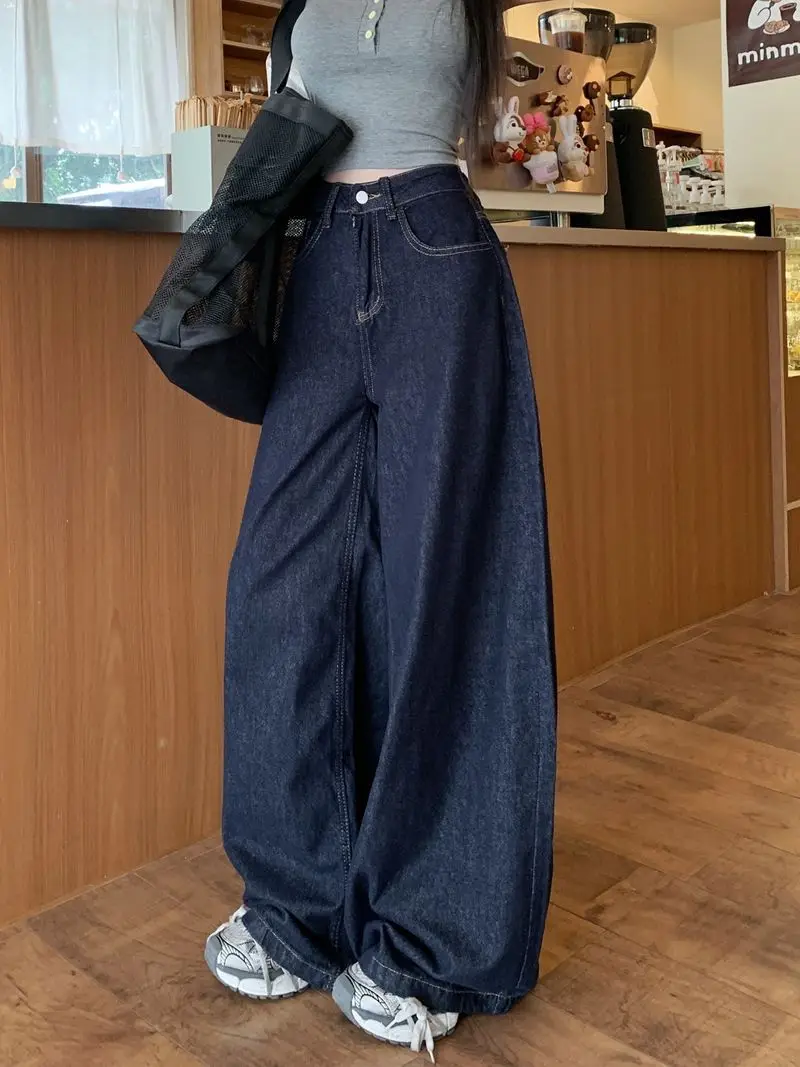 Women Dark Blue Wide Leg High Waist Denim Pants 2025 — feature 11