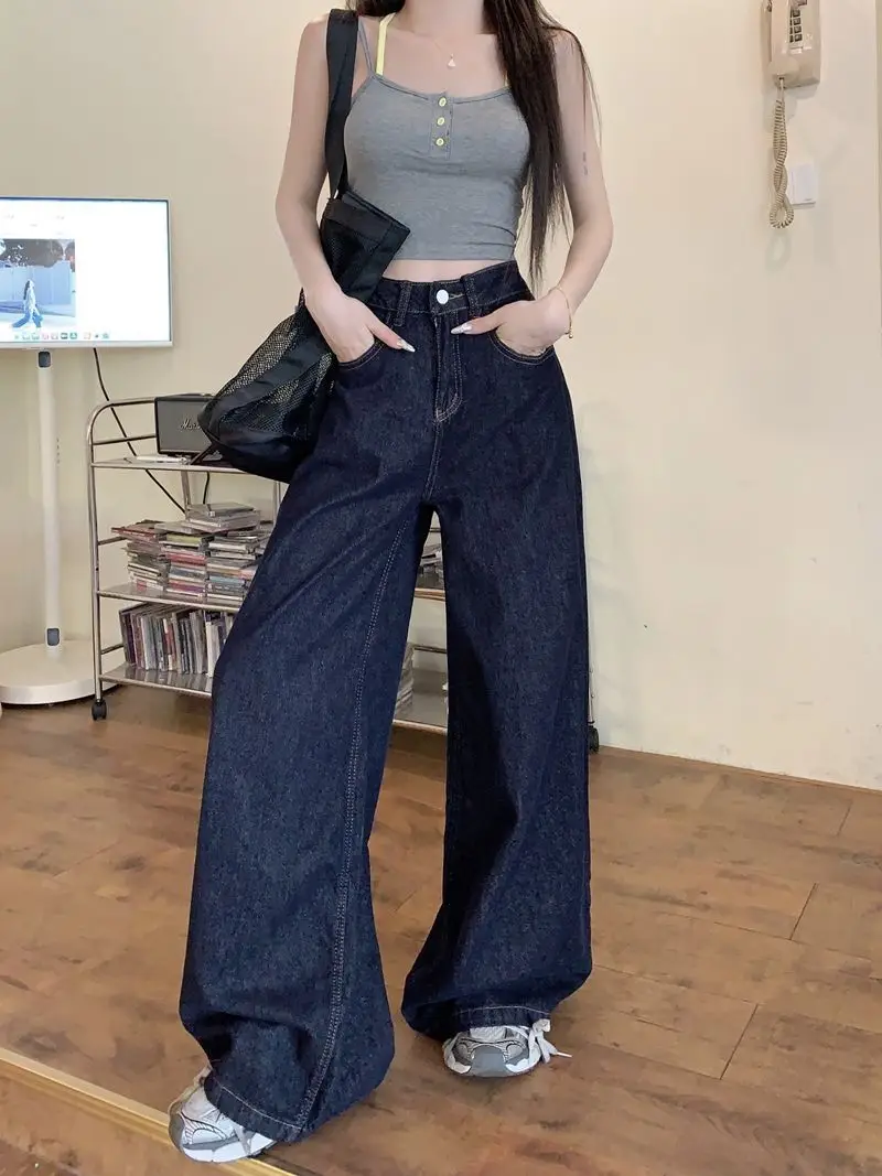 Women Dark Blue Wide Leg High Waist Denim Pants 2025 — feature 12