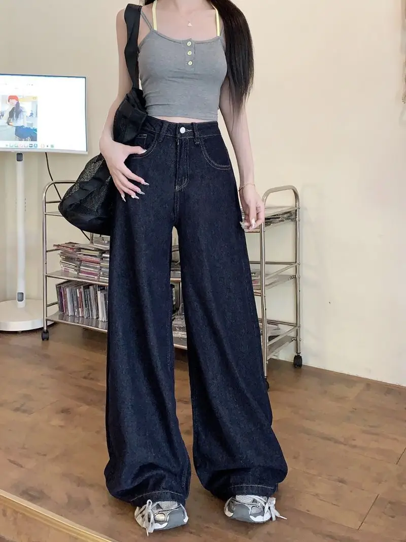 Women Dark Blue Wide Leg High Waist Denim Pants 2025 — feature 13