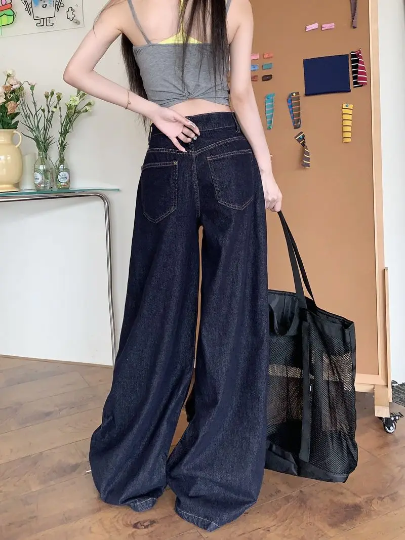 Women Dark Blue Wide Leg High Waist Denim Pants 2025 — feature 14