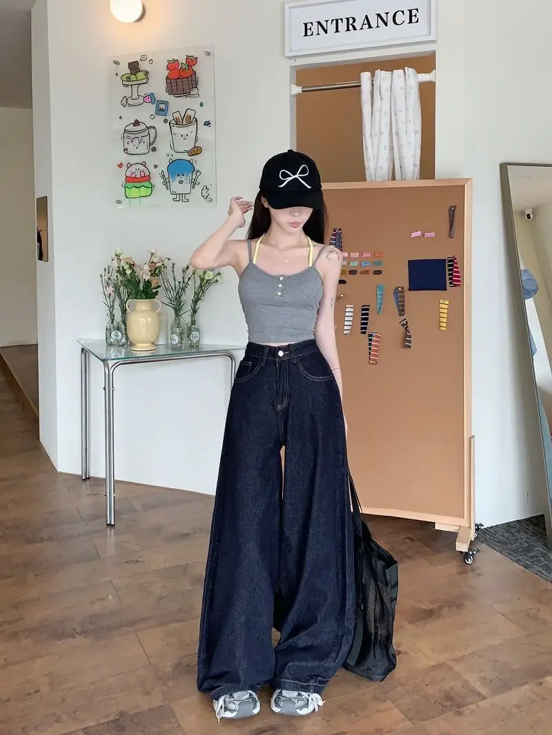 Women Dark Blue Wide Leg High Waist Denim Pants 2025 — feature 15