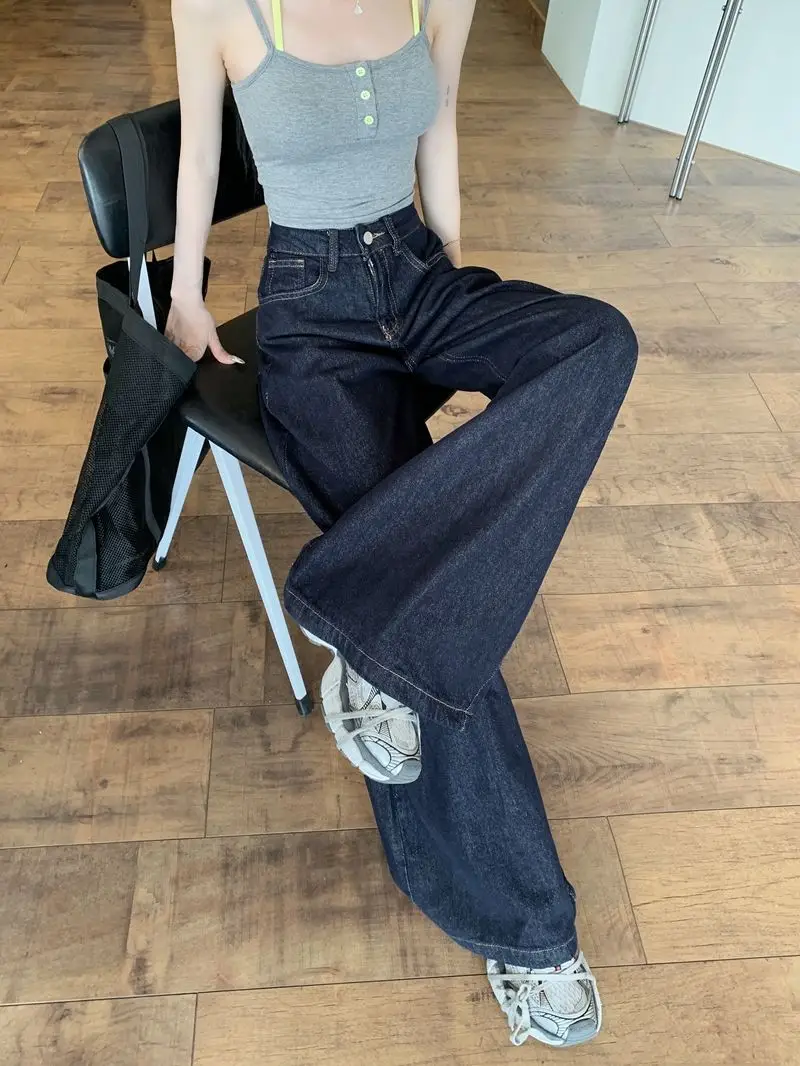 Women Dark Blue Wide Leg High Waist Denim Pants 2025 — feature 16