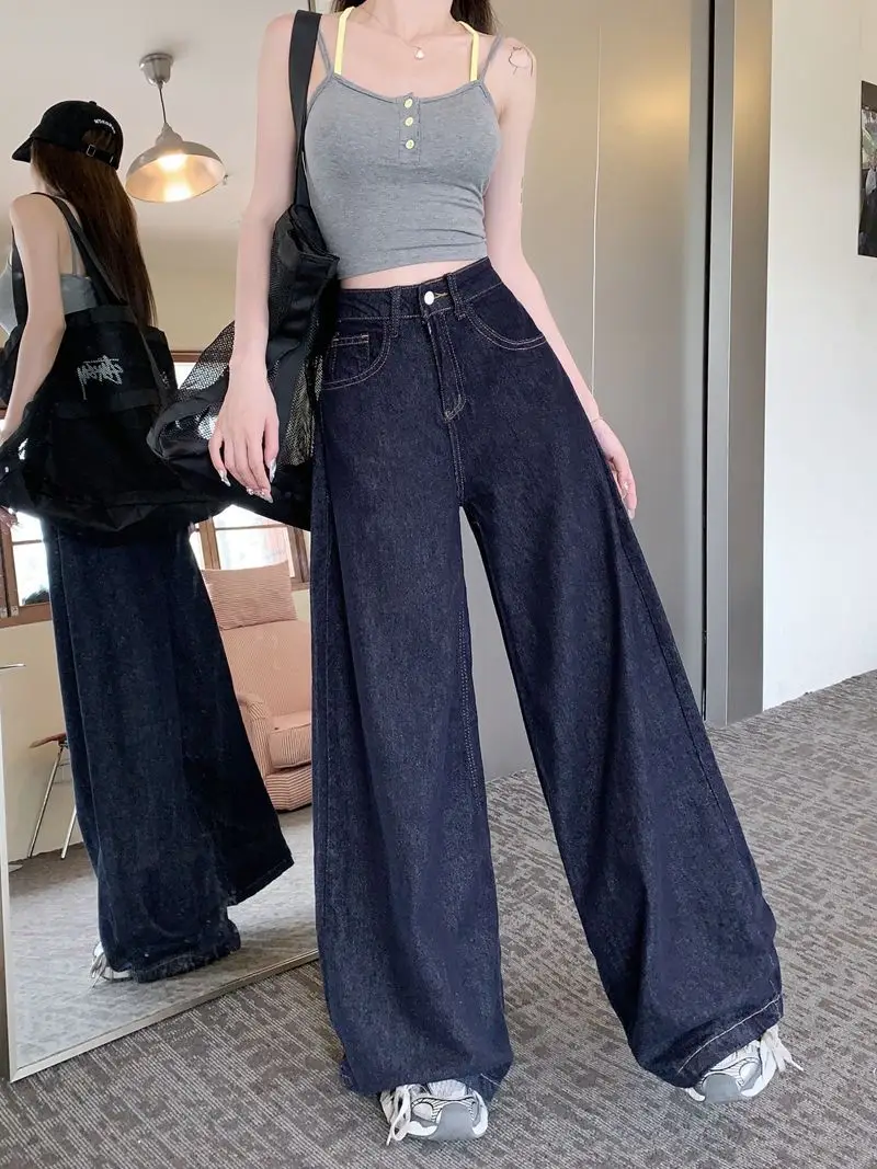 Women Dark Blue Wide Leg High Waist Denim Pants 2025 — feature 2