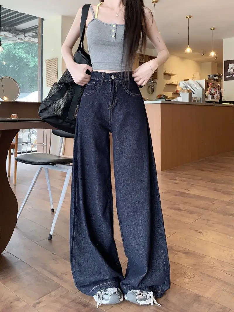 Women Dark Blue Wide Leg High Waist Denim Pants 2025 — feature 3