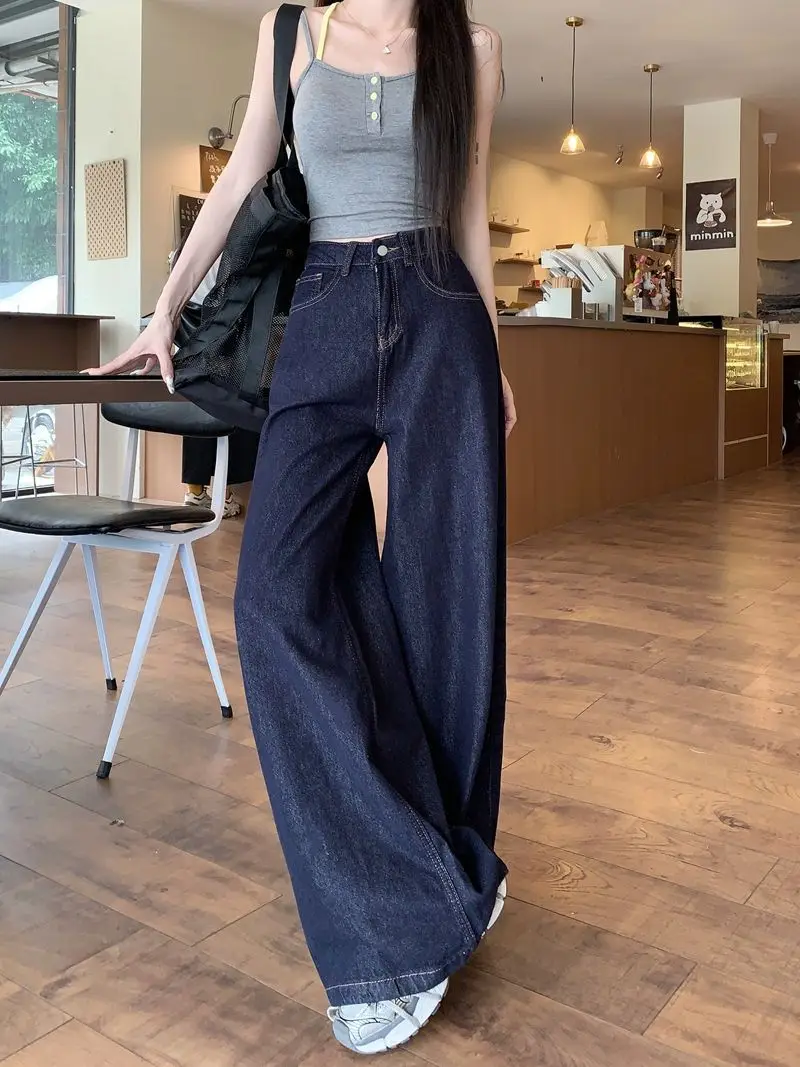 Women Dark Blue Wide Leg High Waist Denim Pants 2025 — feature 4