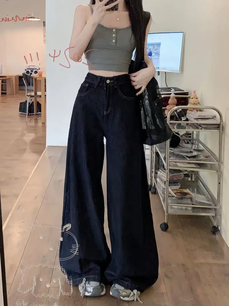 Women Dark Blue Wide Leg High Waist Denim Pants 2025 — feature 5