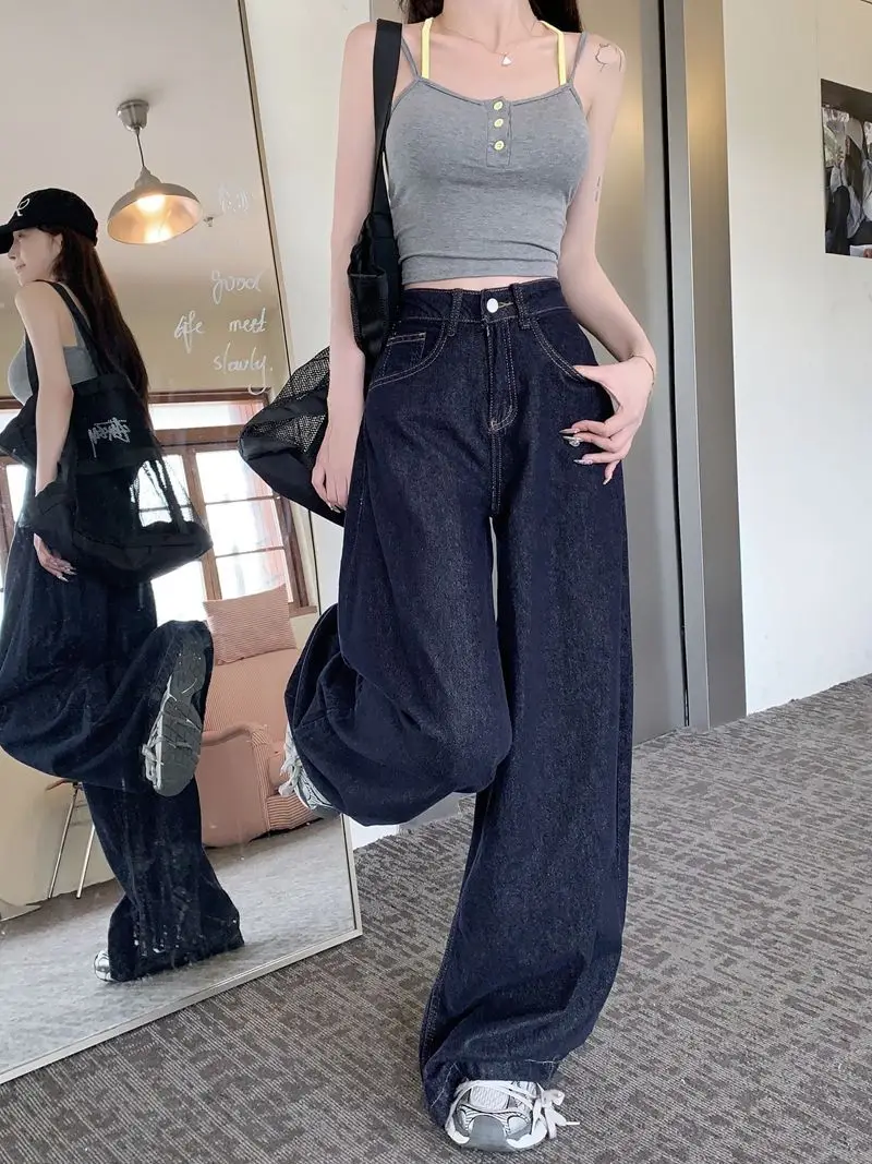 Women Dark Blue Wide Leg High Waist Denim Pants 2025 — feature 6