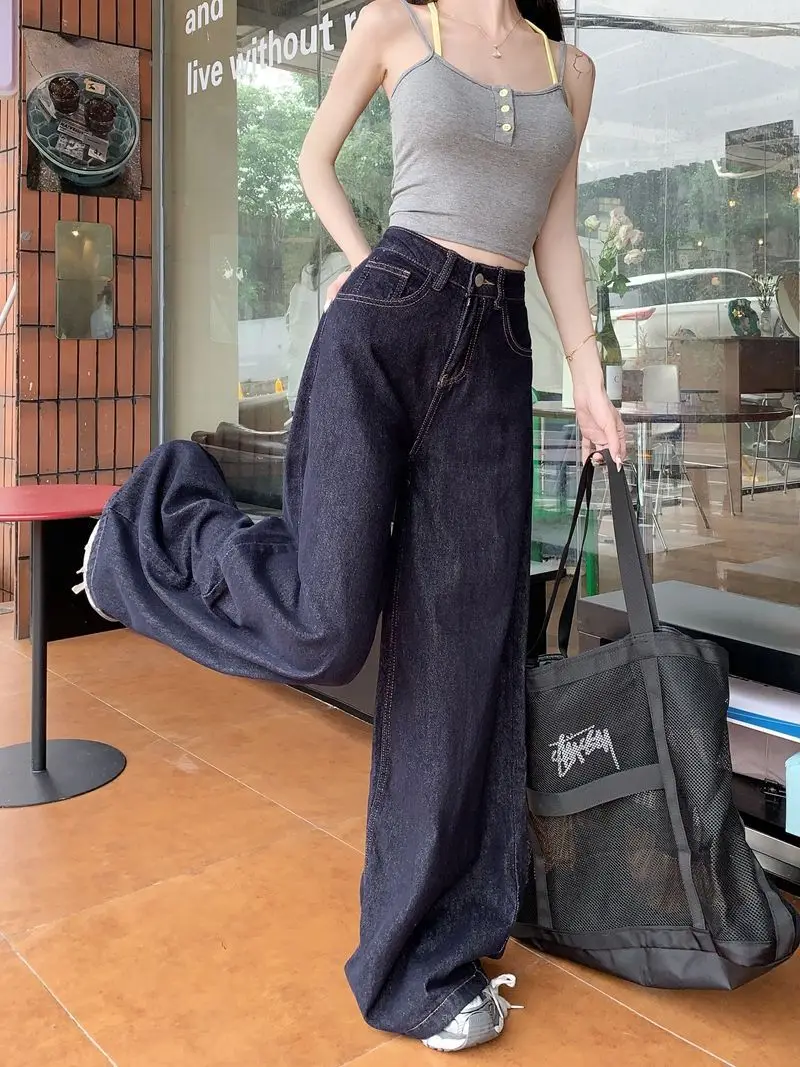 Women Dark Blue Wide Leg High Waist Denim Pants 2025 — feature 7