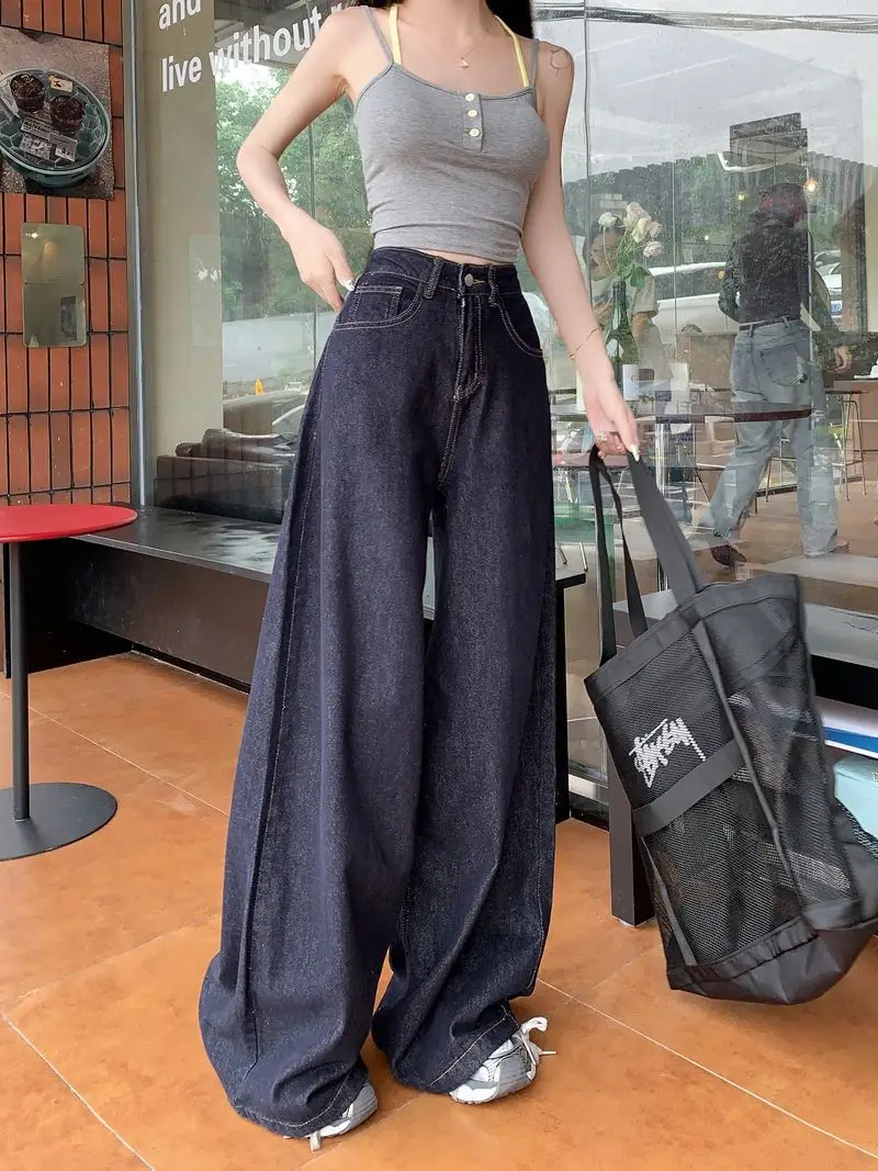 Women Dark Blue Wide Leg High Waist Denim Pants 2025 — feature 8