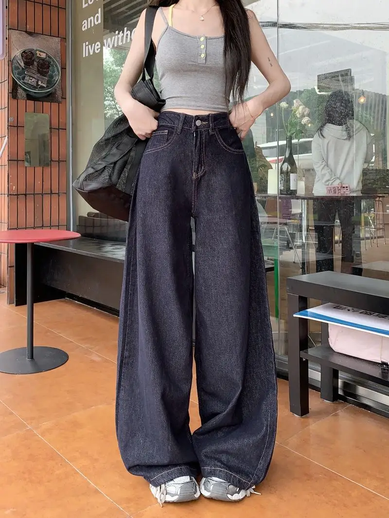Women Dark Blue Wide Leg High Waist Denim Pants 2025 — feature 9