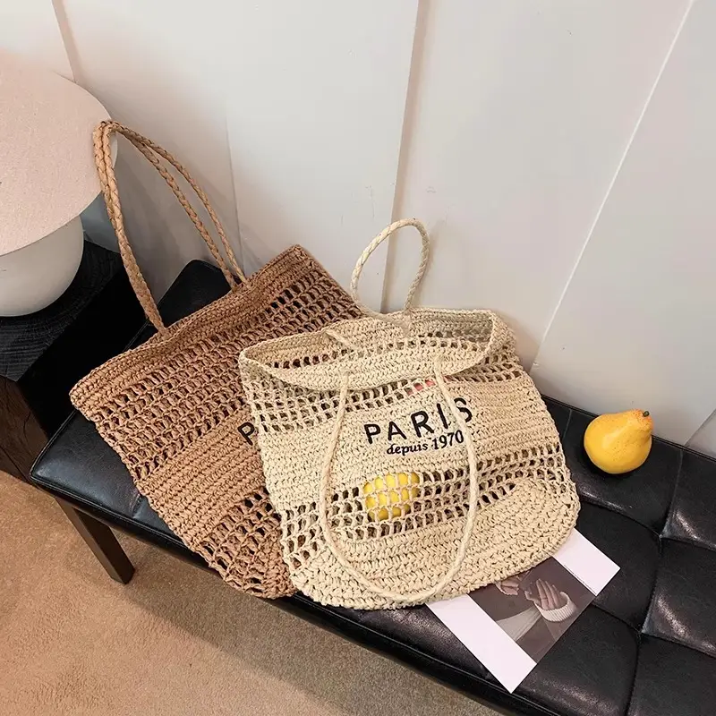 Women's Hollow Straw Woven Tote Bag Paris Print