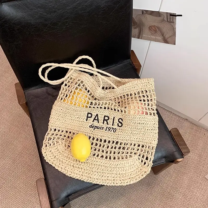 Women's Hollow Straw Woven Tote Bag Paris Print