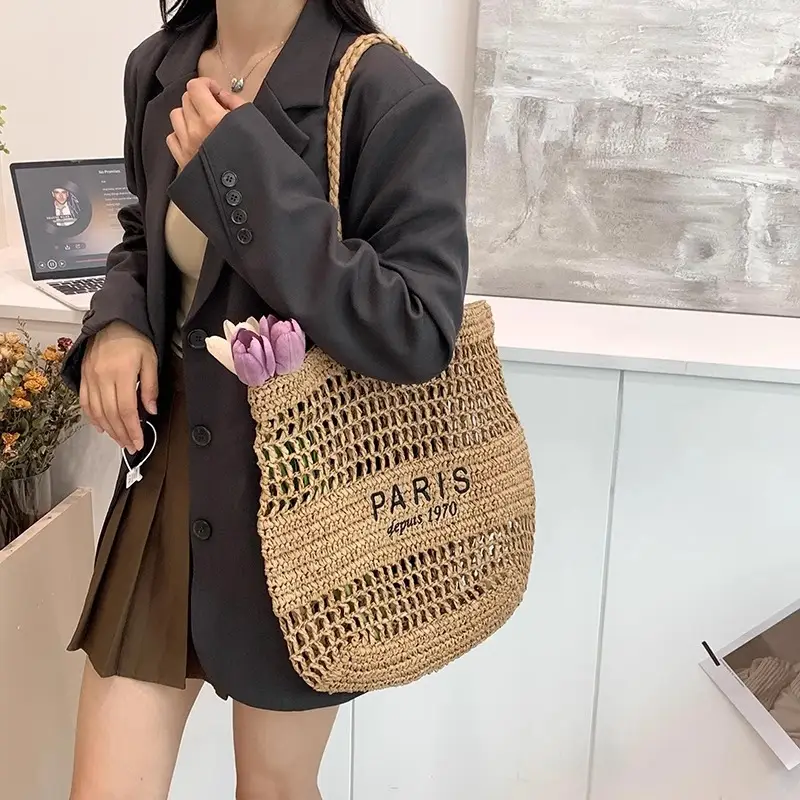 Women's Hollow Straw Woven Tote Bag Paris Print