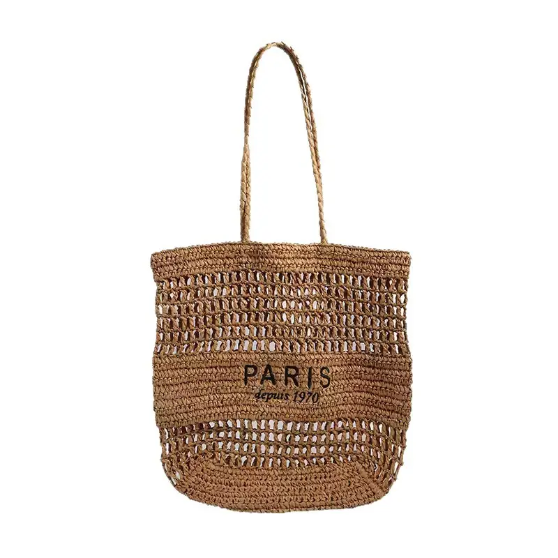 Women's Hollow Straw Woven Tote Bag Paris Print