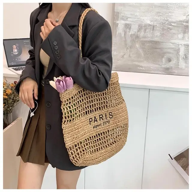 Women's Hollow Straw Woven Tote Bag Paris Print — feature 10