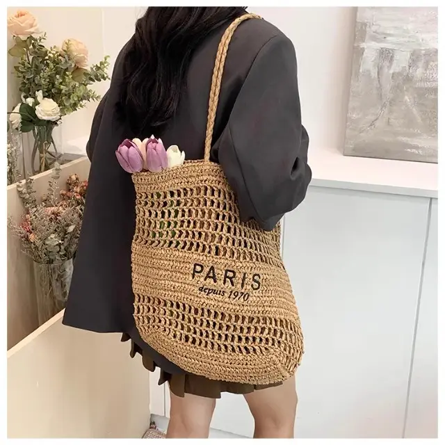 Women's Hollow Straw Woven Tote Bag Paris Print — feature 11
