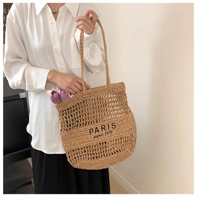 Women's Hollow Straw Woven Tote Bag Paris Print — feature 12
