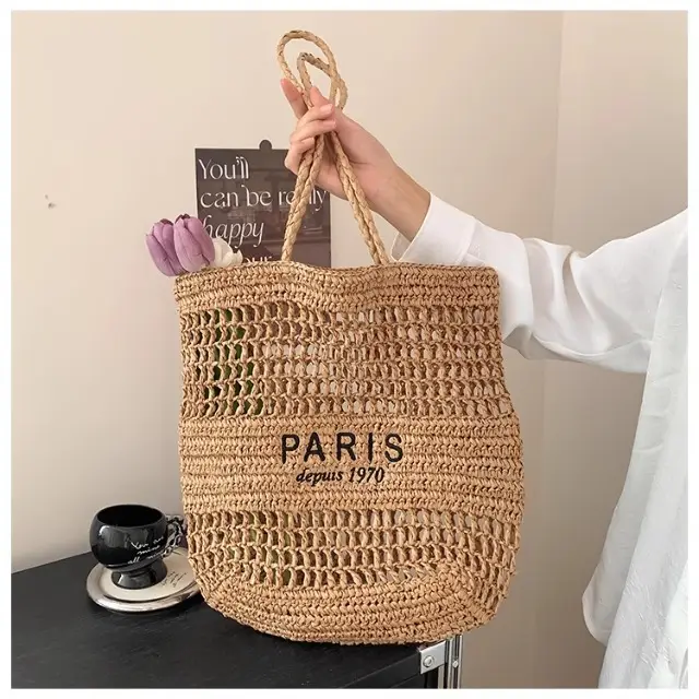 Women's Hollow Straw Woven Tote Bag Paris Print — feature 13