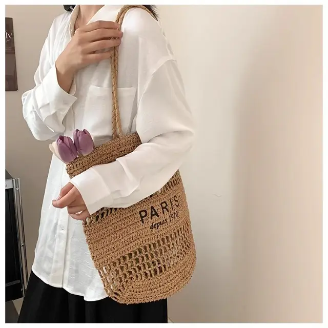 Women's Hollow Straw Woven Tote Bag Paris Print — feature 14