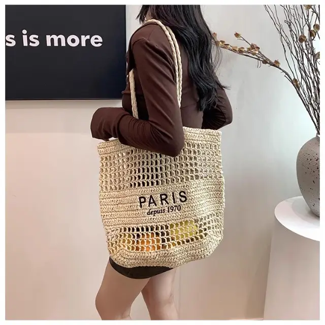 Women's Hollow Straw Woven Tote Bag Paris Print — feature 15