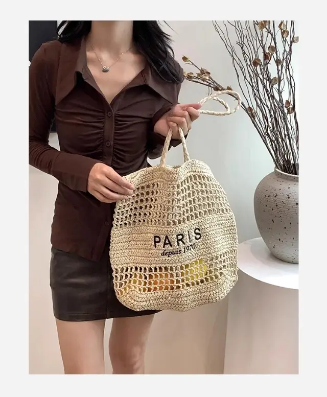 Women's Hollow Straw Woven Tote Bag Paris Print — feature 16