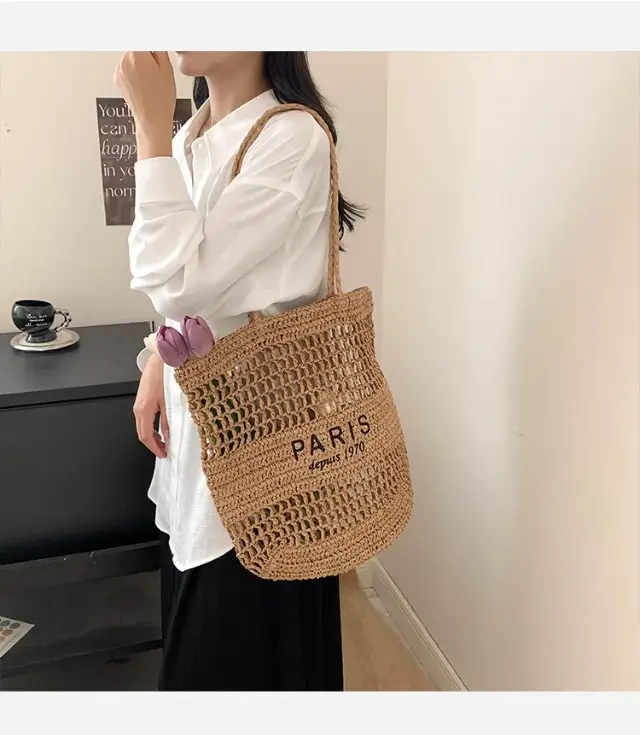 Women's Hollow Straw Woven Tote Bag Paris Print — feature 17