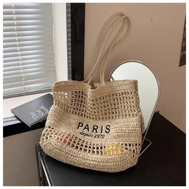 Women's Hollow Straw Woven Tote Bag Paris Print — feature 18