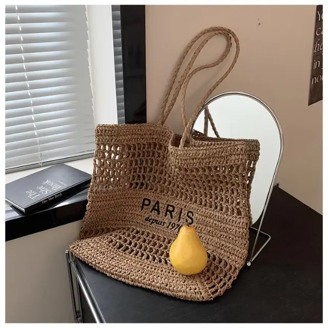 Women's Hollow Straw Woven Tote Bag Paris Print — feature 19