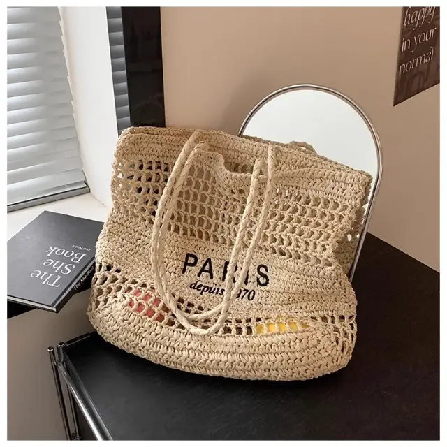 Women's Hollow Straw Woven Tote Bag Paris Print — feature 20