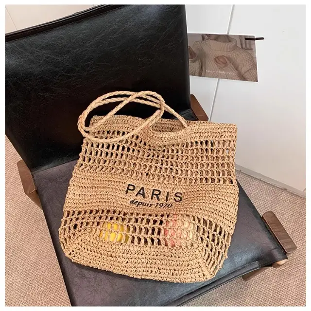 Women's Hollow Straw Woven Tote Bag Paris Print — feature 21