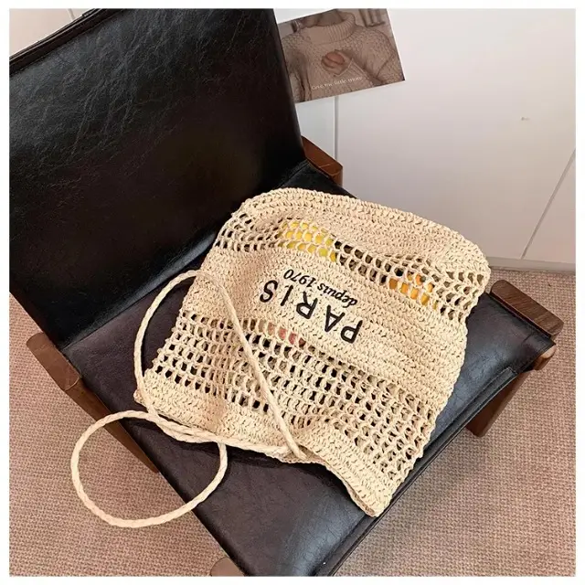 Women's Hollow Straw Woven Tote Bag Paris Print — feature 22