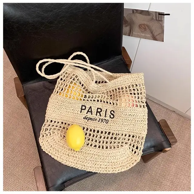 Women's Hollow Straw Woven Tote Bag Paris Print — feature 23