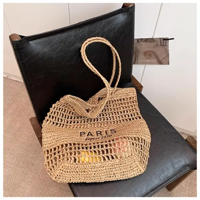 Women's Hollow Straw Woven Tote Bag Paris Print — feature 24