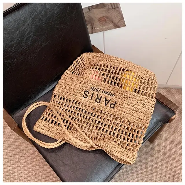 Women's Hollow Straw Woven Tote Bag Paris Print — feature 25