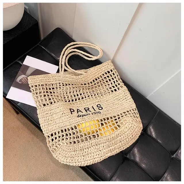 Women's Hollow Straw Woven Tote Bag Paris Print — feature 26