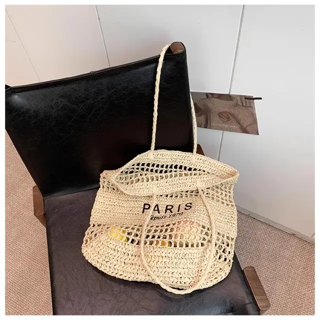 Women's Hollow Straw Woven Tote Bag Paris Print — feature 27