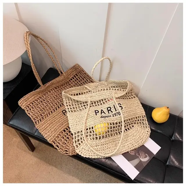 Women's Hollow Straw Woven Tote Bag Paris Print — feature 28