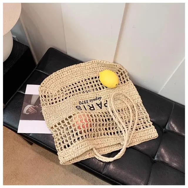Women's Hollow Straw Woven Tote Bag Paris Print — feature 29