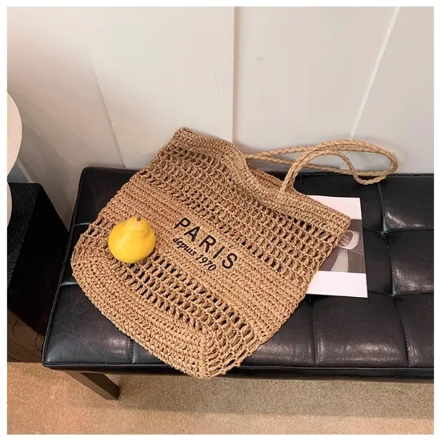 Women's Hollow Straw Woven Tote Bag Paris Print — feature 30