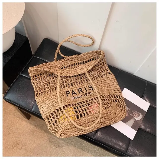 Women's Hollow Straw Woven Tote Bag Paris Print — feature 31