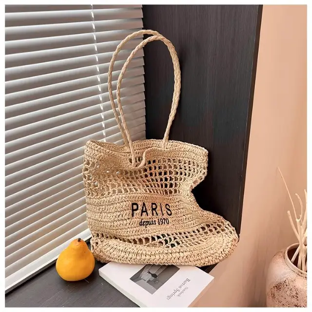 Women's Hollow Straw Woven Tote Bag Paris Print — feature 32