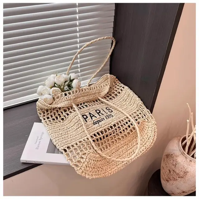 Women's Hollow Straw Woven Tote Bag Paris Print — feature 33