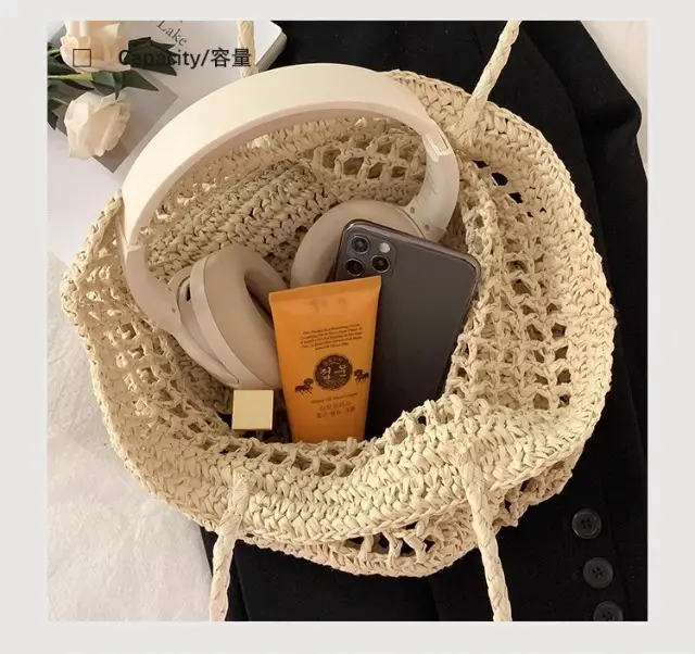 Women's Hollow Straw Woven Tote Bag Paris Print — feature 6