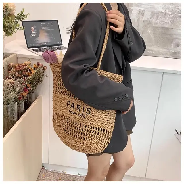 Women's Hollow Straw Woven Tote Bag Paris Print — feature 7